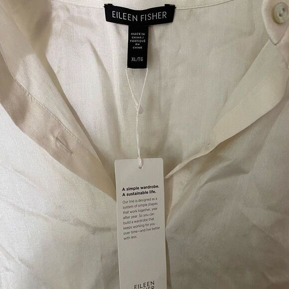 Eileen Fisher 100% Silk Cream Mandarin Collar Button Up Top NWT Size Extra Large - Picture 3 of 5